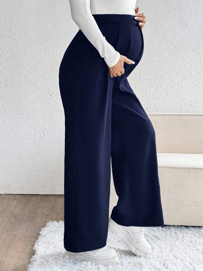 Maternity Palazzo Pants - Button Detail, Pocket, Tailored Loose Fit, Navy Blue