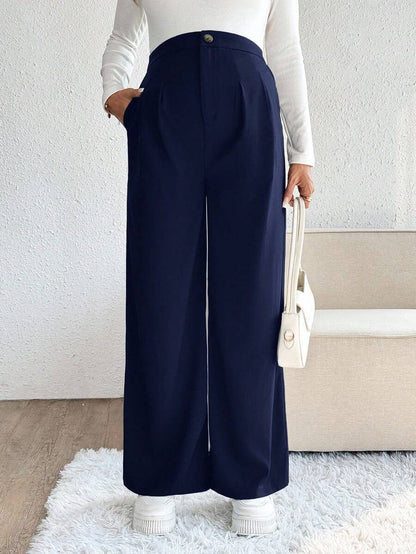 Maternity Palazzo Pants - Button Detail, Pocket, Tailored Loose Fit, Navy Blue