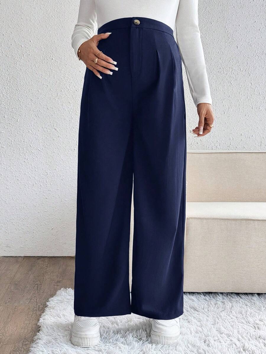Maternity Palazzo Pants - Button Detail, Pocket, Tailored Loose Fit, Navy Blue