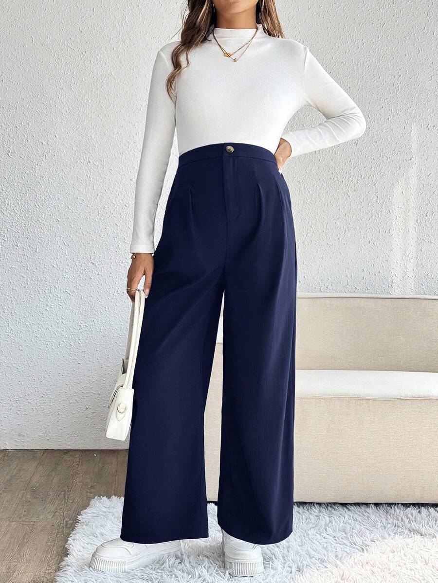 Maternity Palazzo Pants - Button Detail, Pocket, Tailored Loose Fit, Navy Blue