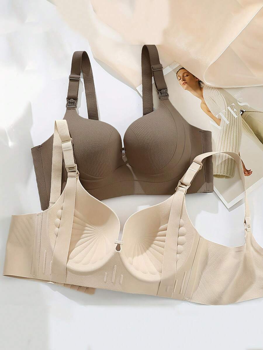 Maternity Nursing Bra 2 Pack - Seamless Soft Support Push Up Lift Anti Sagging, Brown Apricot