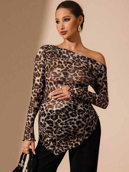 Elegant Maternity Leopard Print Oblique Shoulder Fitted Long Sleeve T-Shirt, Autumn