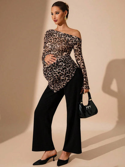 Elegant Maternity Leopard Print Oblique Shoulder Fitted Long Sleeve T-Shirt, Autumn