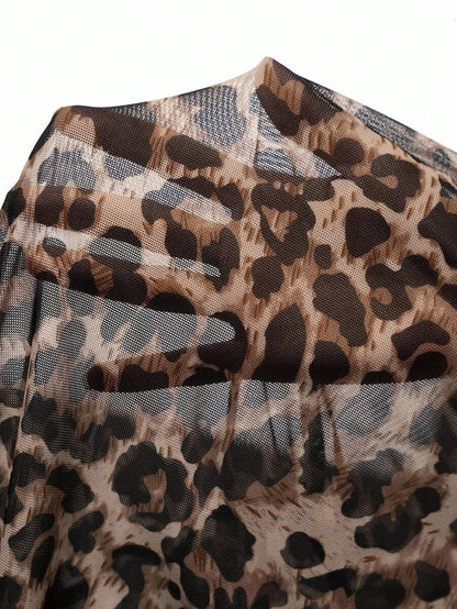 Elegant Maternity Leopard Print Oblique Shoulder Fitted Long Sleeve T-Shirt, Autumn