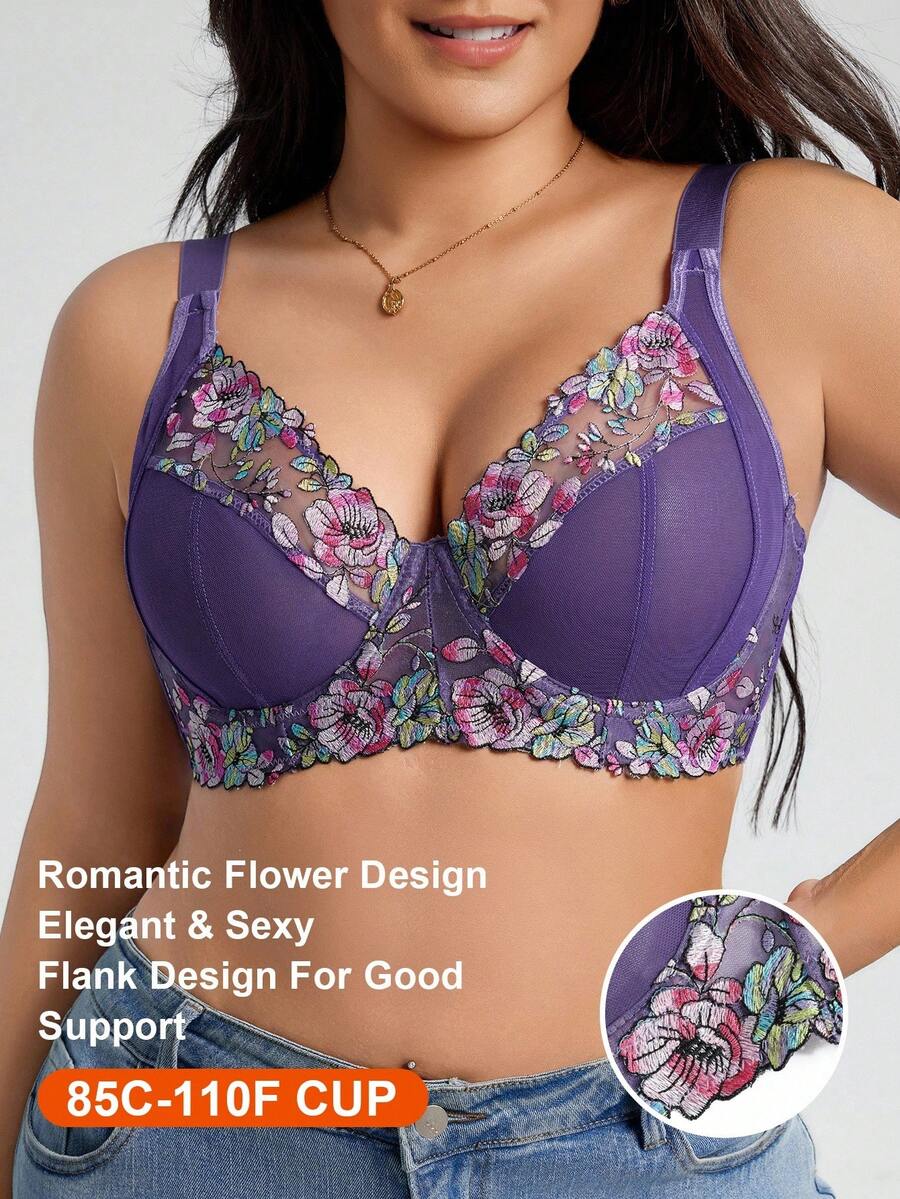 Plus Size Elegant Floral Embroidery Underwire Bra