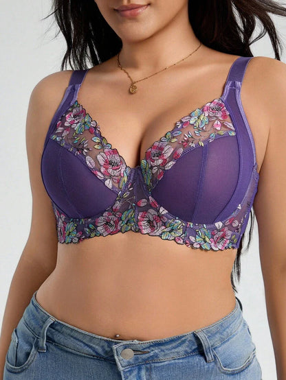 Plus Size Elegant Floral Embroidery Underwire Bra