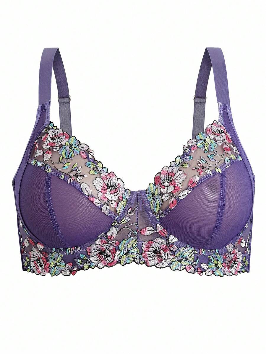Plus Size Elegant Floral Embroidery Underwire Bra