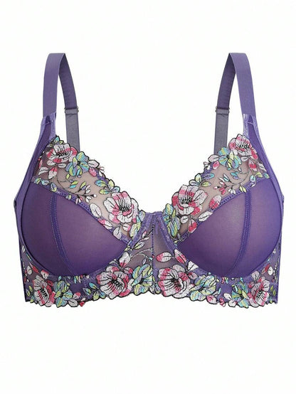 Plus Size Elegant Floral Embroidery Underwire Bra