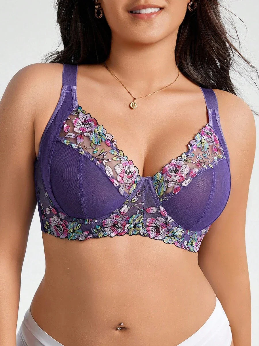 Plus Size Elegant Floral Embroidery Underwire Bra