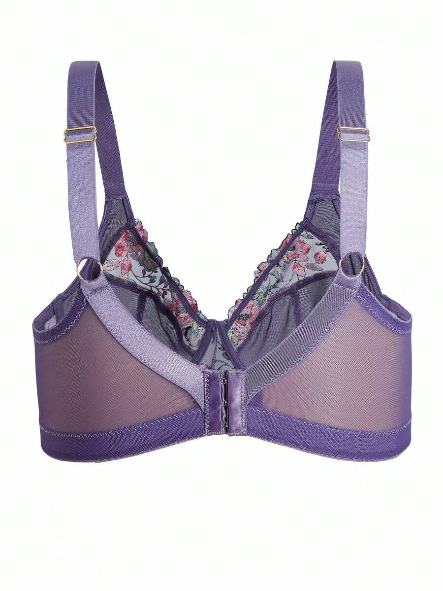 Plus Size Elegant Floral Embroidery Underwire Bra
