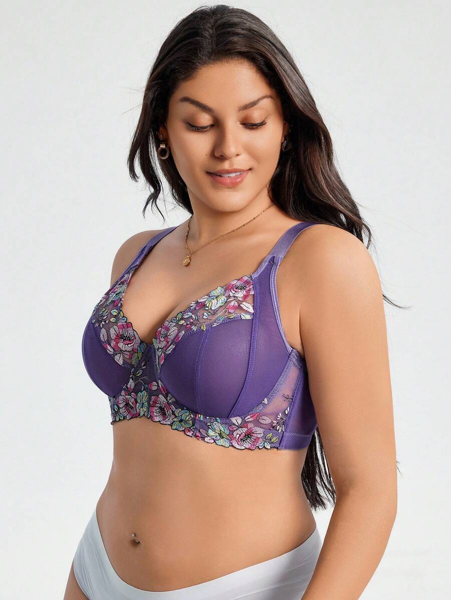 Plus Size Elegant Floral Embroidery Underwire Bra