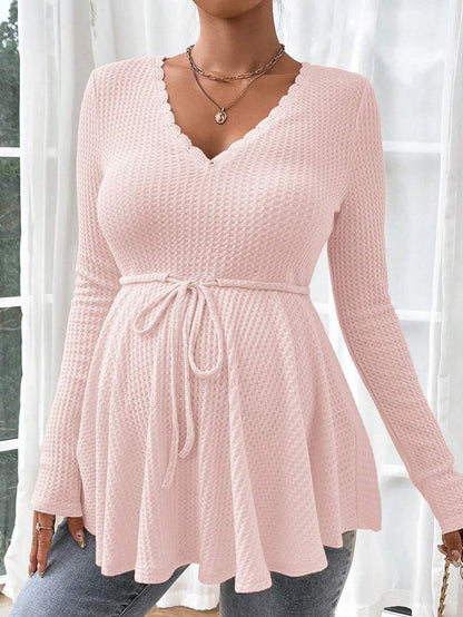 Maternity Khaki Deep V Neck Long Sleeve T-Shirt Loose Fit Belted Flared Hem Knitted Maternity Top for Fall