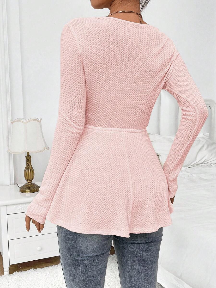 Maternity Khaki Deep V Neck Long Sleeve T-Shirt Loose Fit Belted Flared Hem Knitted Maternity Top for Fall