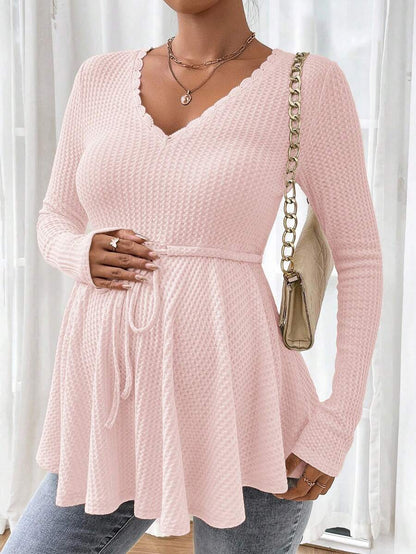 Maternity Khaki Deep V Neck Long Sleeve T-Shirt Loose Fit Belted Flared Hem Knitted Maternity Top for Fall