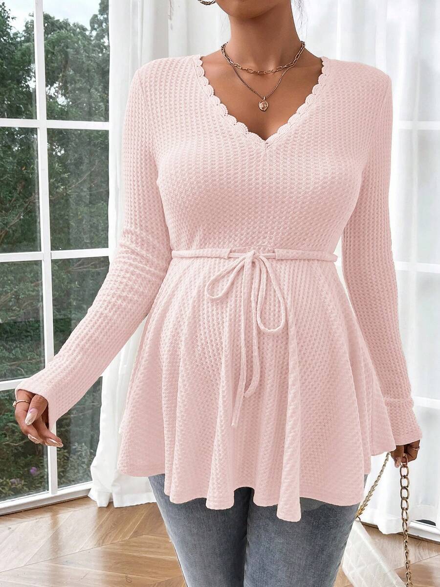 Maternity Khaki Deep V Neck Long Sleeve T-Shirt Loose Fit Belted Flared Hem Knitted Maternity Top for Fall