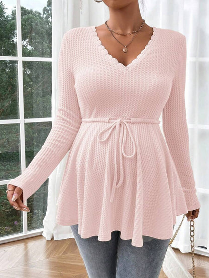 Maternity Khaki Deep V Neck Long Sleeve T-Shirt Loose Fit Belted Flared Hem Knitted Maternity Top for Fall