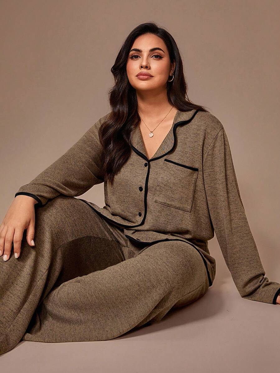 Lazeform Plus Size Burgundy Knit Pajama Set - Floral Mesh Contrast Button Front Lounge Set - Soft 2 Piece Maternity Sleepwear with Pockets
