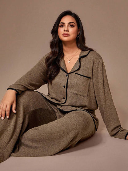 Lazeform Plus Size Burgundy Knit Pajama Set - Floral Mesh Contrast Button Front Lounge Set - Soft 2 Piece Maternity Sleepwear with Pockets