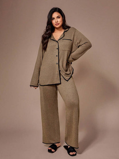 Lazeform Plus Size Burgundy Knit Pajama Set - Floral Mesh Contrast Button Front Lounge Set - Soft 2 Piece Maternity Sleepwear with Pockets