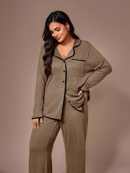 Lazeform Plus Size Burgundy Knit Pajama Set - Floral Mesh Contrast Button Front Lounge Set - Soft 2 Piece Maternity Sleepwear with Pockets