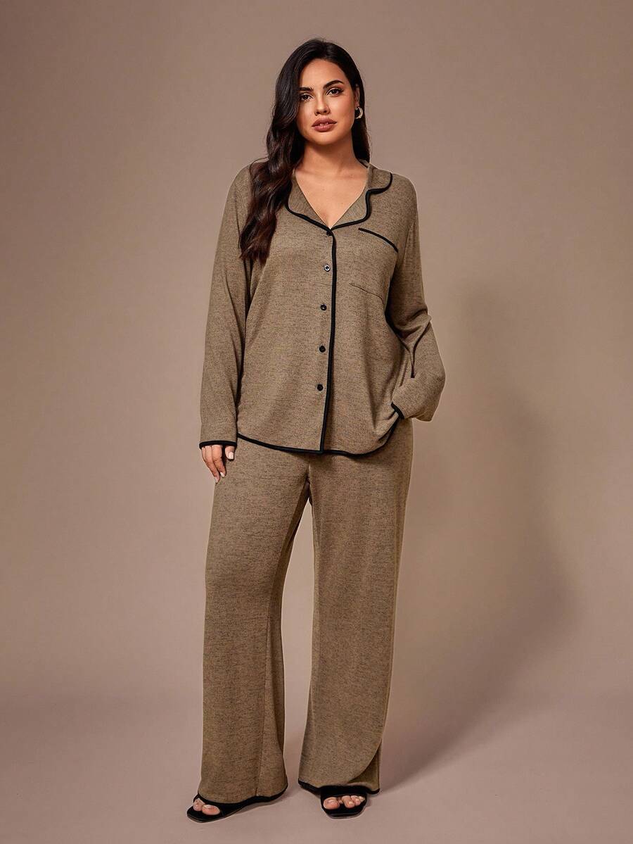 Lazeform Plus Size Burgundy Knit Pajama Set - Floral Mesh Contrast Button Front Lounge Set - Soft 2 Piece Maternity Sleepwear with Pockets