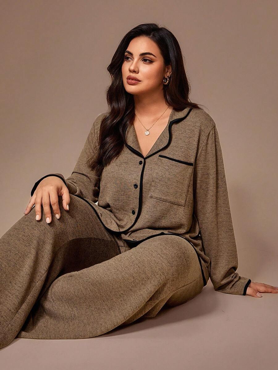 Lazeform Plus Size Burgundy Knit Pajama Set - Floral Mesh Contrast Button Front Lounge Set - Soft 2 Piece Maternity Sleepwear with Pockets