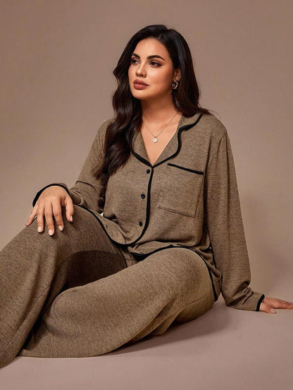 Lazeform Plus Size Burgundy Knit Pajama Set - Floral Mesh Contrast Button Front Lounge Set - Soft 2 Piece Maternity Sleepwear with Pockets