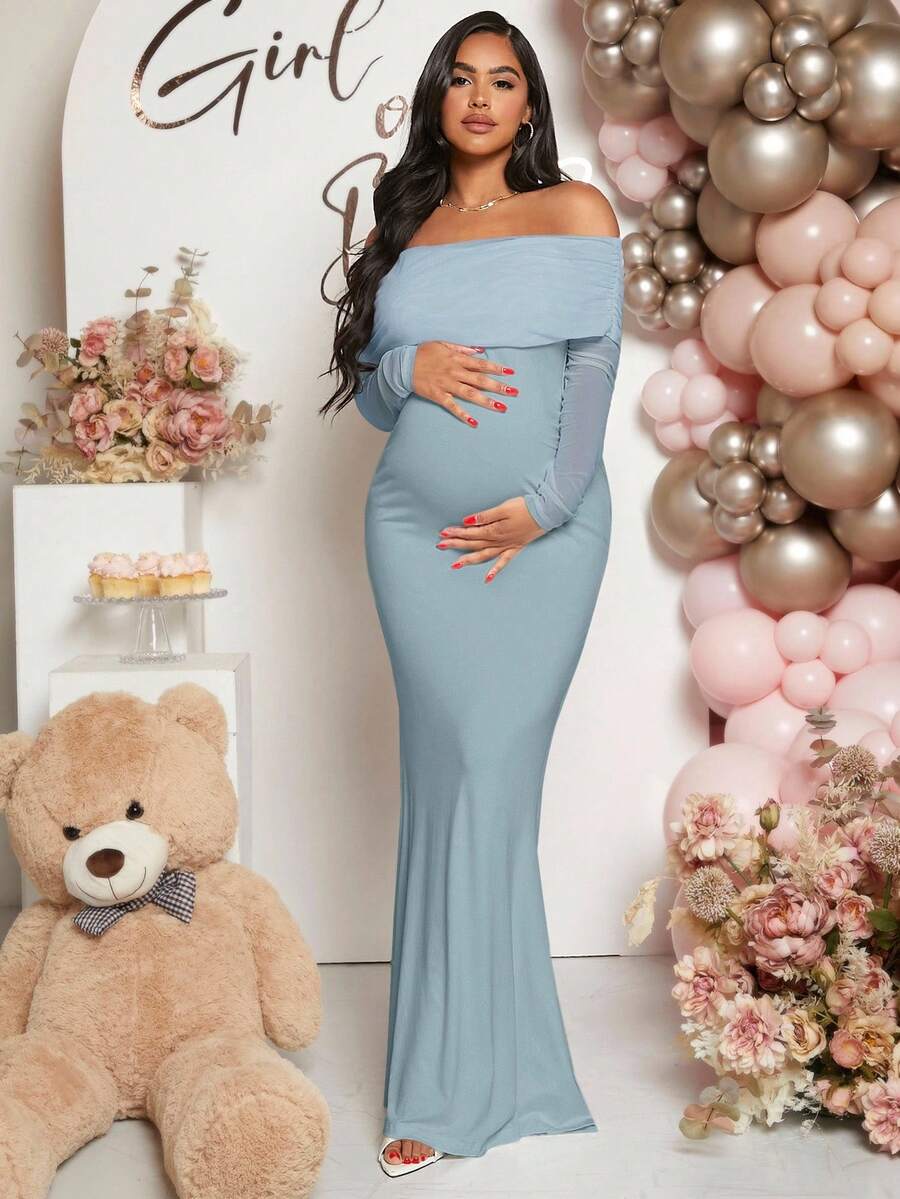 Maternity Off Shoulder Ruched Hem Dress Solid Color Slim Fit Pregnancy Gown for Baby Shower Gender Reveal Party Wedding Guest Summer