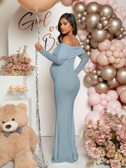 Maternity Off Shoulder Ruched Hem Dress Solid Color Slim Fit Pregnancy Gown for Baby Shower Gender Reveal Party Wedding Guest Summer