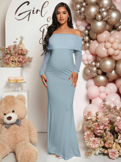 Maternity Off Shoulder Ruched Hem Dress Solid Color Slim Fit Pregnancy Gown for Baby Shower Gender Reveal Party Wedding Guest Summer