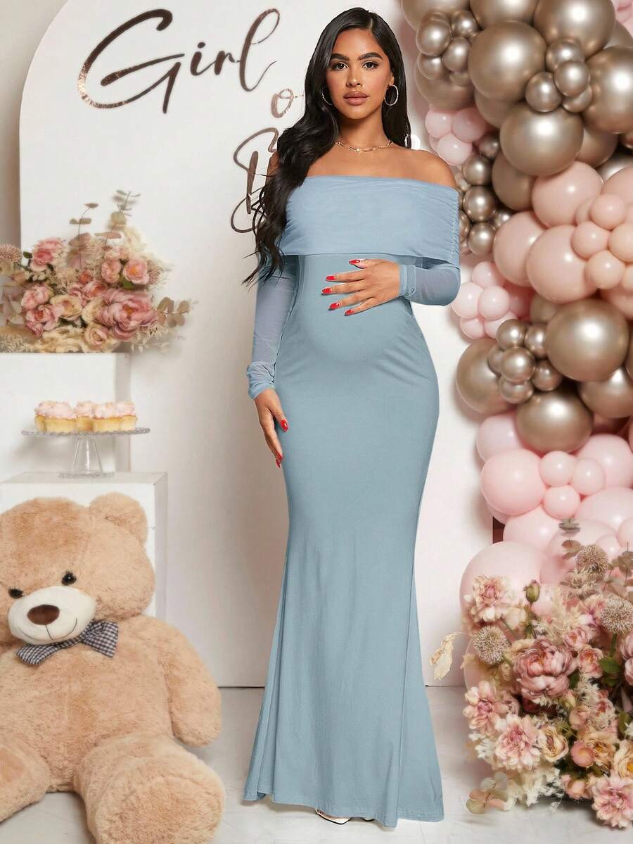 Pregnant Women Off-Shoulder Fishtail Baby Shower Long Sleeve Dress For Maternity