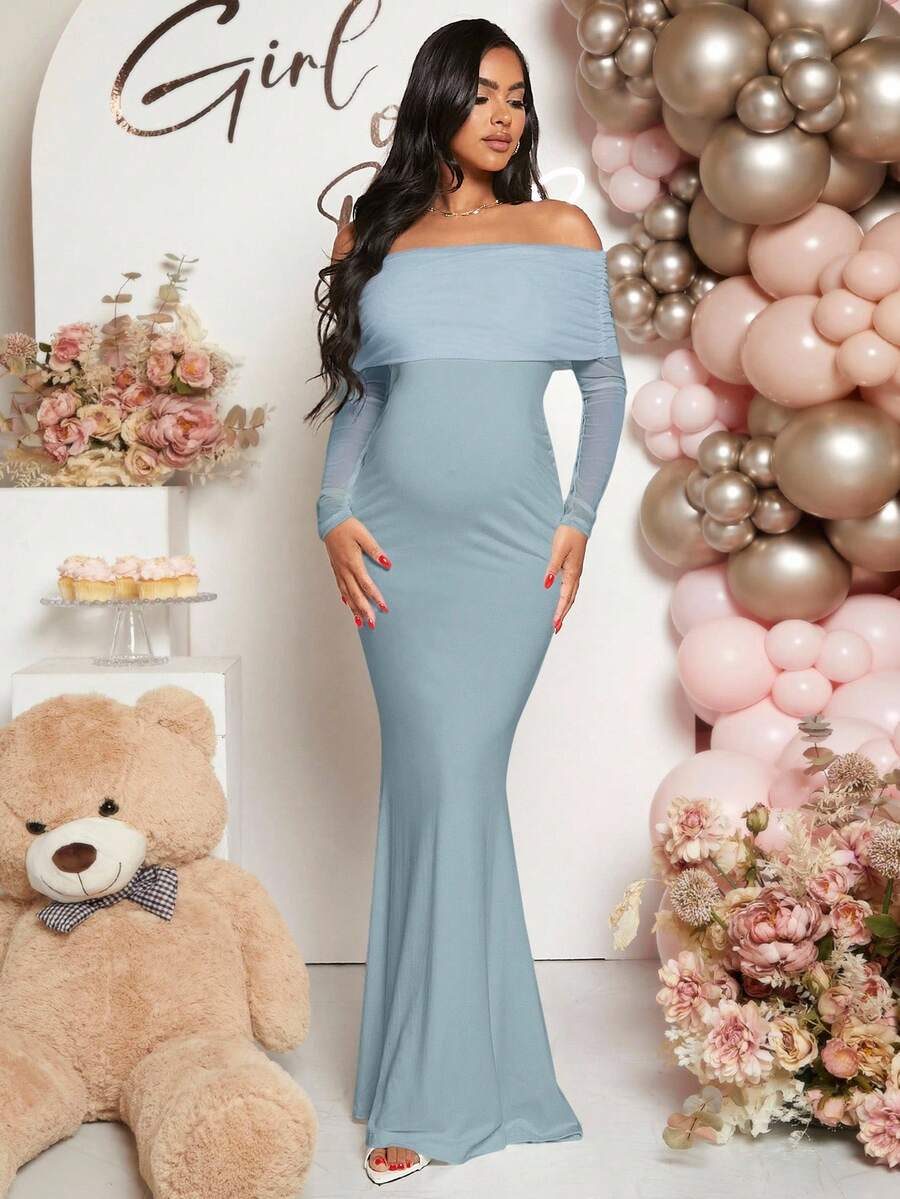 Maternity Off Shoulder Ruched Hem Dress Solid Color Slim Fit Pregnancy Gown for Baby Shower Gender Reveal Party Wedding Guest Summer