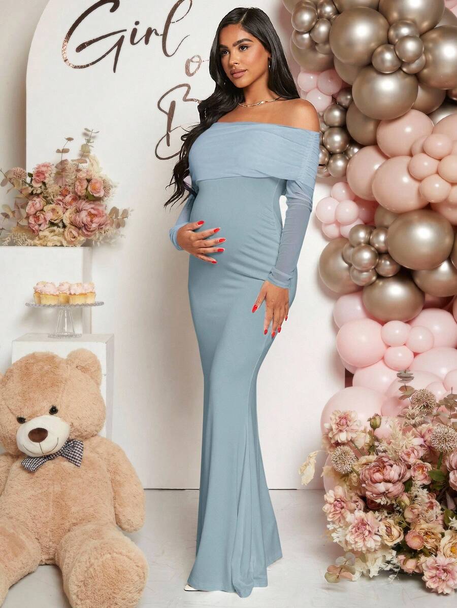 Maternity Off Shoulder Ruched Hem Dress Solid Color Slim Fit Pregnancy Gown for Baby Shower Gender Reveal Party Wedding Guest Summer