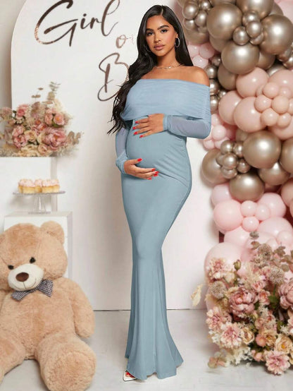 Maternity Off Shoulder Ruched Hem Dress Solid Color Slim Fit Pregnancy Gown for Baby Shower Gender Reveal Party Wedding Guest Summer