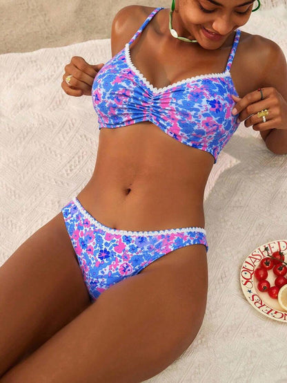 Women's Ditsy Floral Bikini Set - Ruched Spaghetti Strap, Hipsters, High Waist, Multicolor
