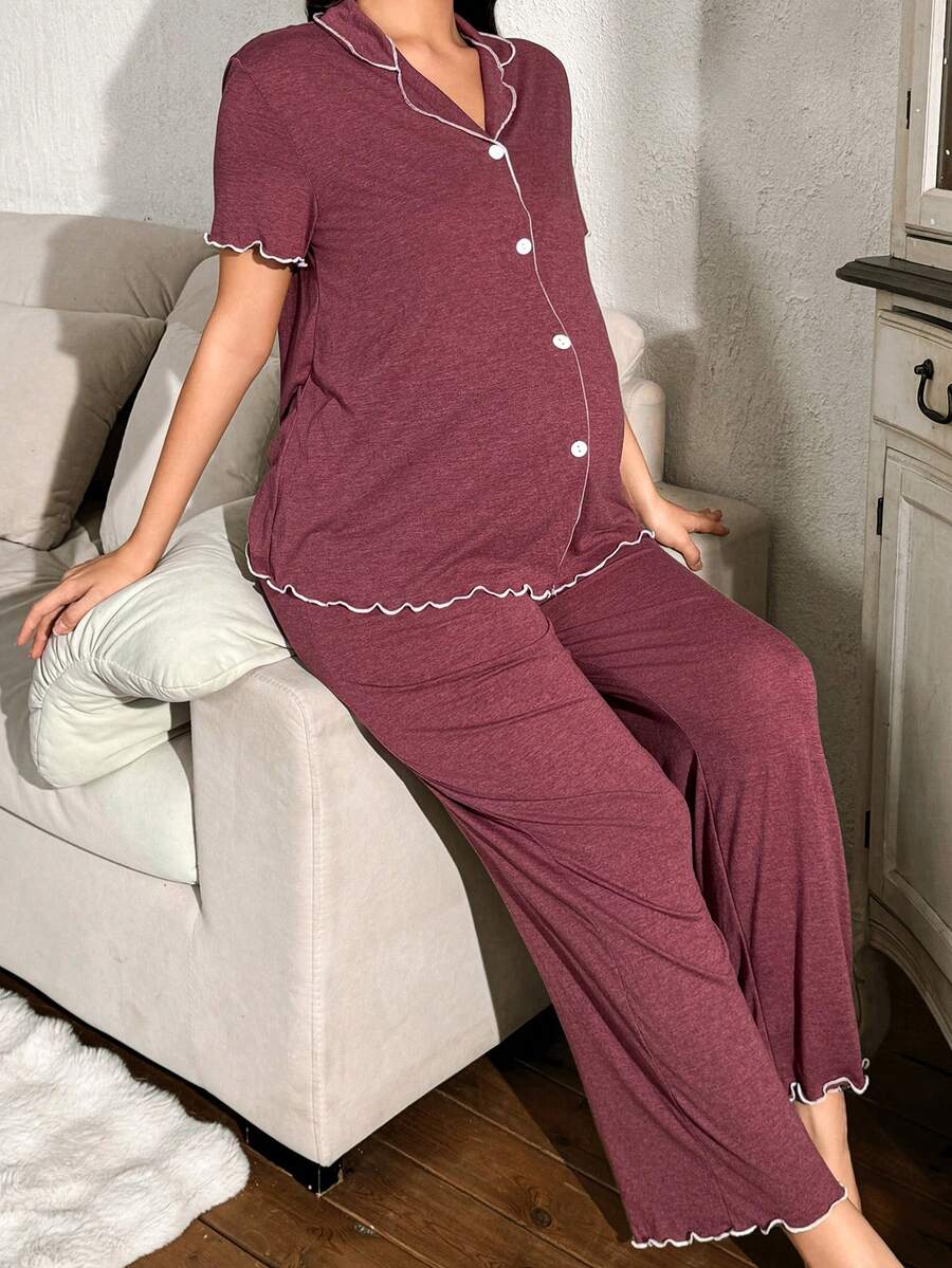 Burgundy Contrast Color French Style Maternity Pajama Set - Soft Skin-Friendly Knitted Cardigan and Long Pants 2 Piece Sleepwear