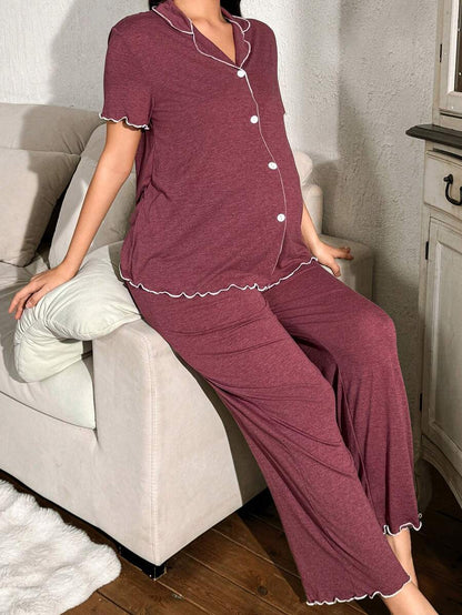 Burgundy Contrast Color French Style Maternity Pajama Set - Soft Skin-Friendly Knitted Cardigan and Long Pants 2 Piece Sleepwear