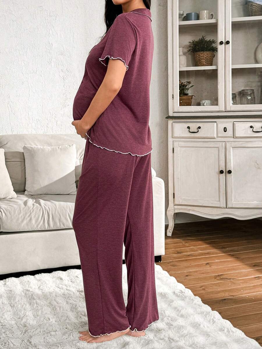 Burgundy Contrast Color French Style Maternity Pajama Set - Soft Skin-Friendly Knitted Cardigan and Long Pants 2 Piece Sleepwear