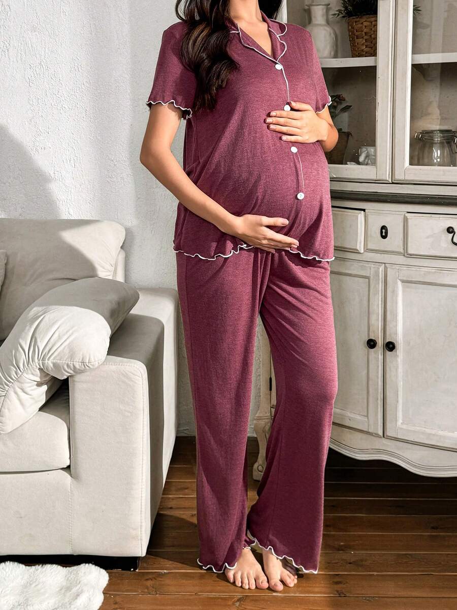 Burgundy Contrast Color French Style Maternity Pajama Set - Soft Skin-Friendly Knitted Cardigan and Long Pants 2 Piece Sleepwear