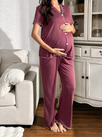 Burgundy Contrast Color French Style Maternity Pajama Set - Soft Skin-Friendly Knitted Cardigan and Long Pants 2 Piece Sleepwear