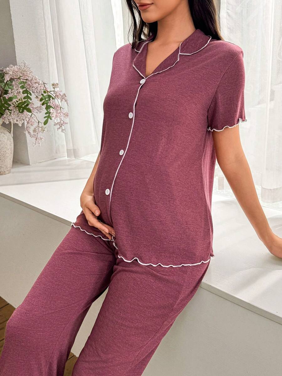 Burgundy Contrast Color French Style Maternity Pajama Set - Soft Skin-Friendly Knitted Cardigan and Long Pants 2 Piece Sleepwear