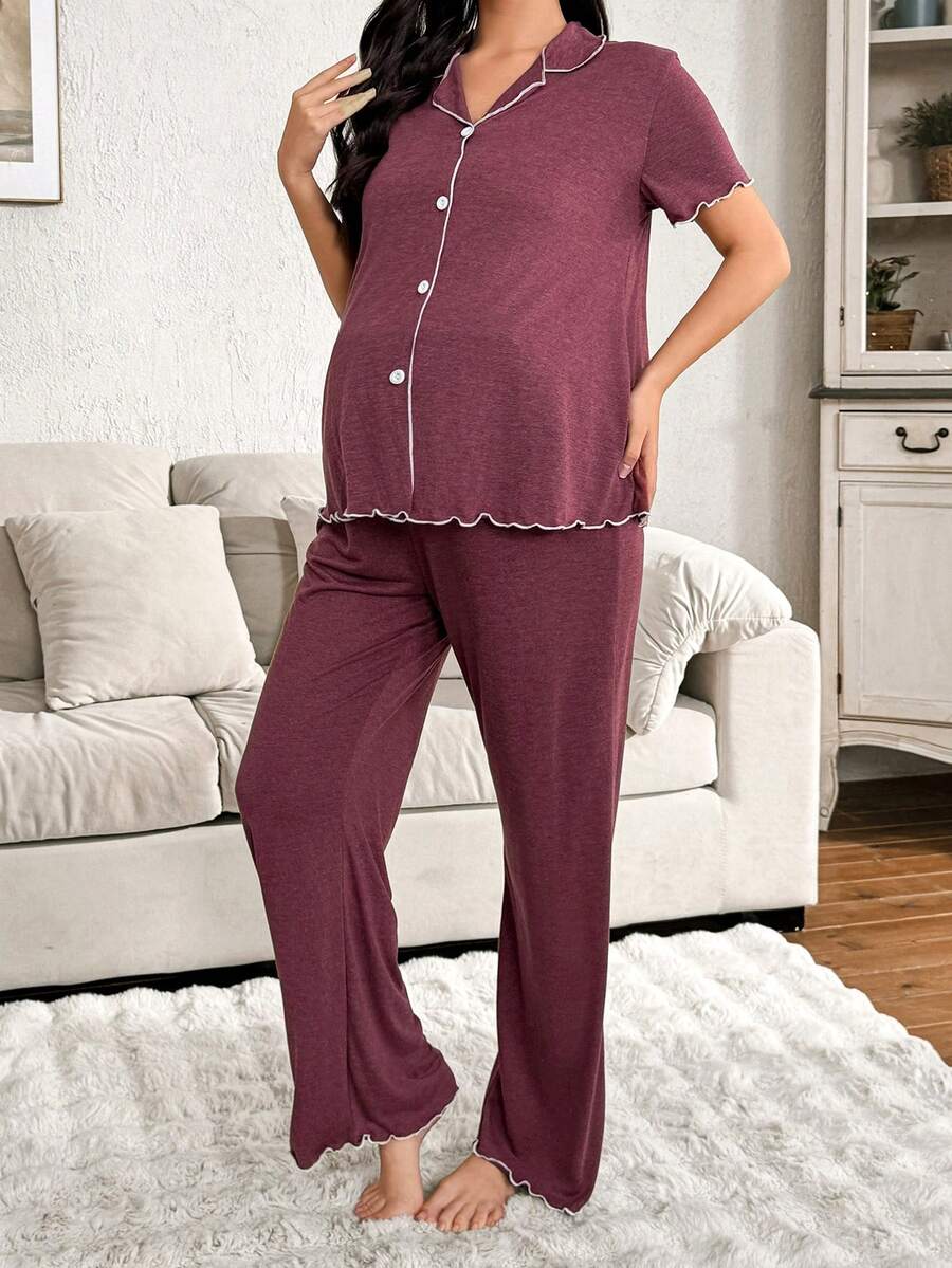 Burgundy Contrast Color French Style Maternity Pajama Set - Soft Skin-Friendly Knitted Cardigan and Long Pants 2 Piece Sleepwear