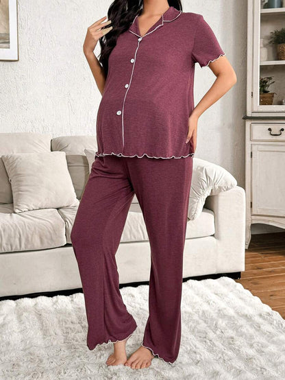 Burgundy Contrast Color French Style Maternity Pajama Set - Soft Skin-Friendly Knitted Cardigan and Long Pants 2 Piece Sleepwear