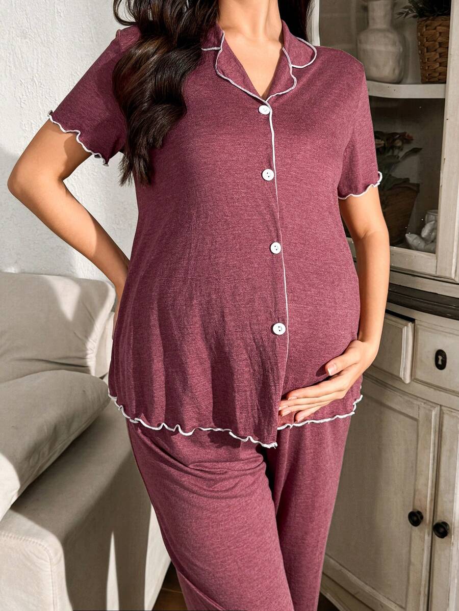 Burgundy Contrast Color French Style Maternity Pajama Set - Soft Skin-Friendly Knitted Cardigan and Long Pants 2 Piece Sleepwear