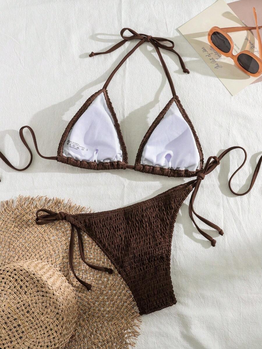 Swim Vcay Solid Color Texture Split Bikini Set, Vacation Beach For Summer