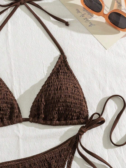 Swim Vcay Solid Color Texture Split Bikini Set, Vacation Beach For Summer