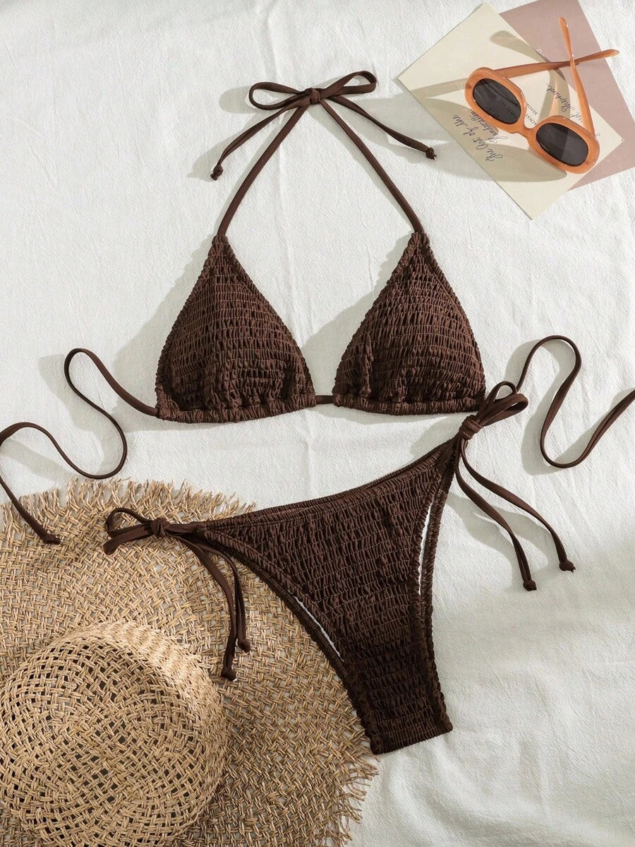 Swim Vcay Solid Color Halter Twist Bikini Two Pieces Swimwear, Suitable For Summer