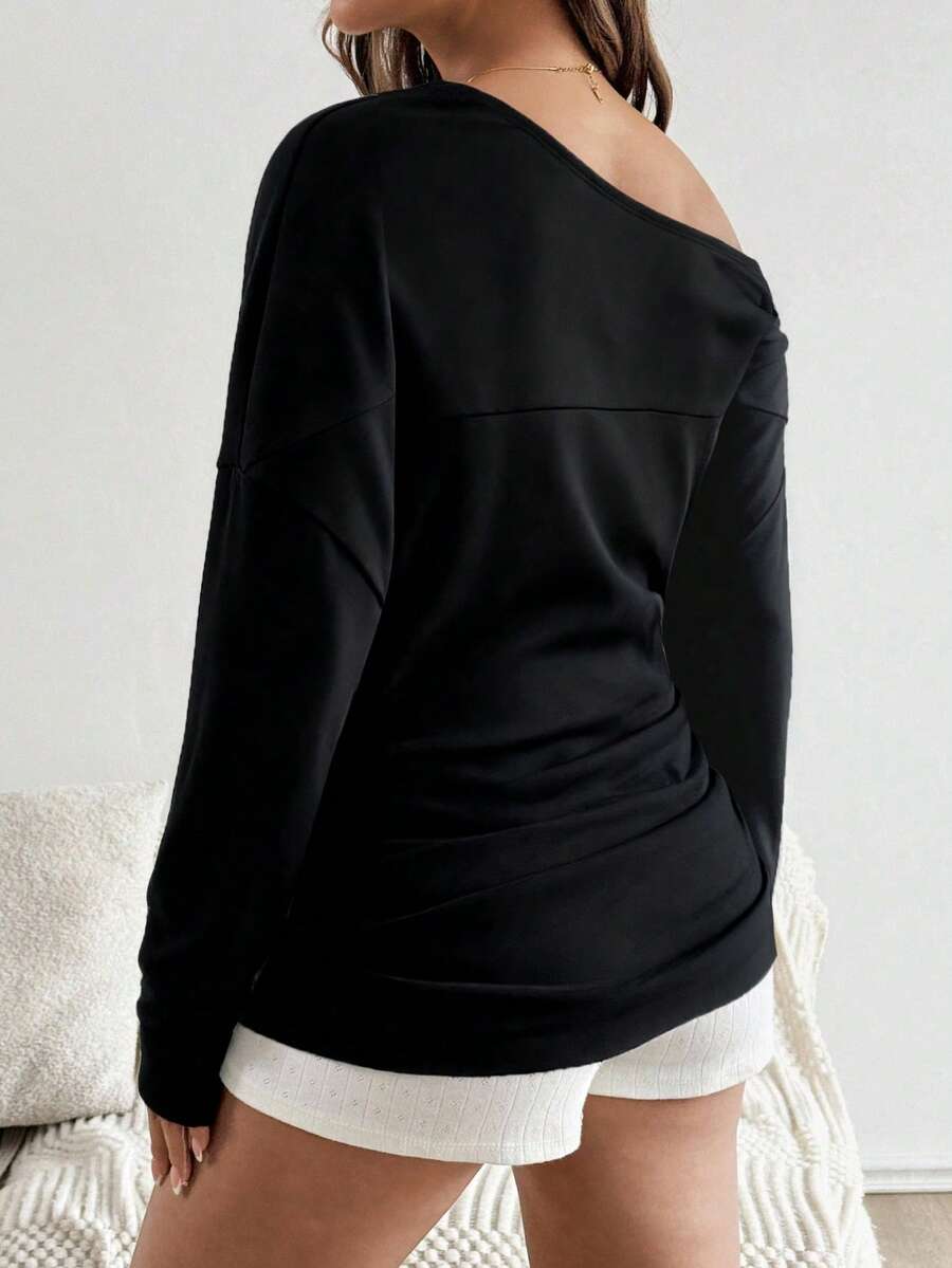 Maternity Pleated Pullover - Asymmetrical Neck, Drop Shoulder, Three Quarter Sleeve, Black