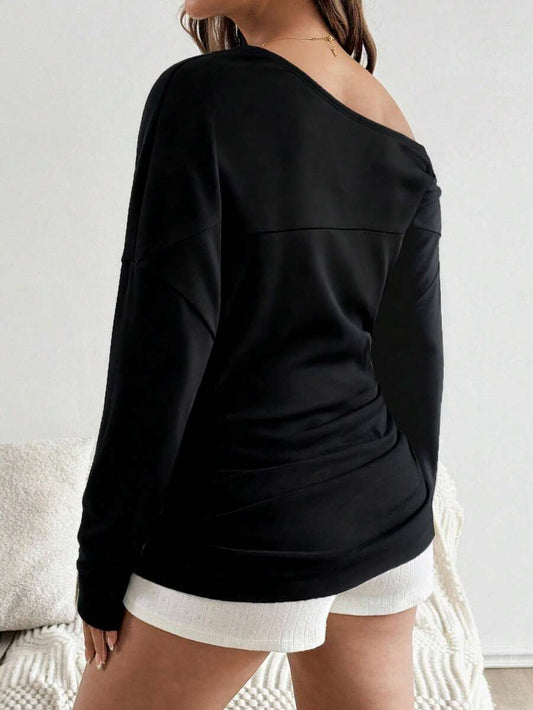 Maternity Pleated Pullover - Asymmetrical Neck, Drop Shoulder, Three Quarter Sleeve, Black