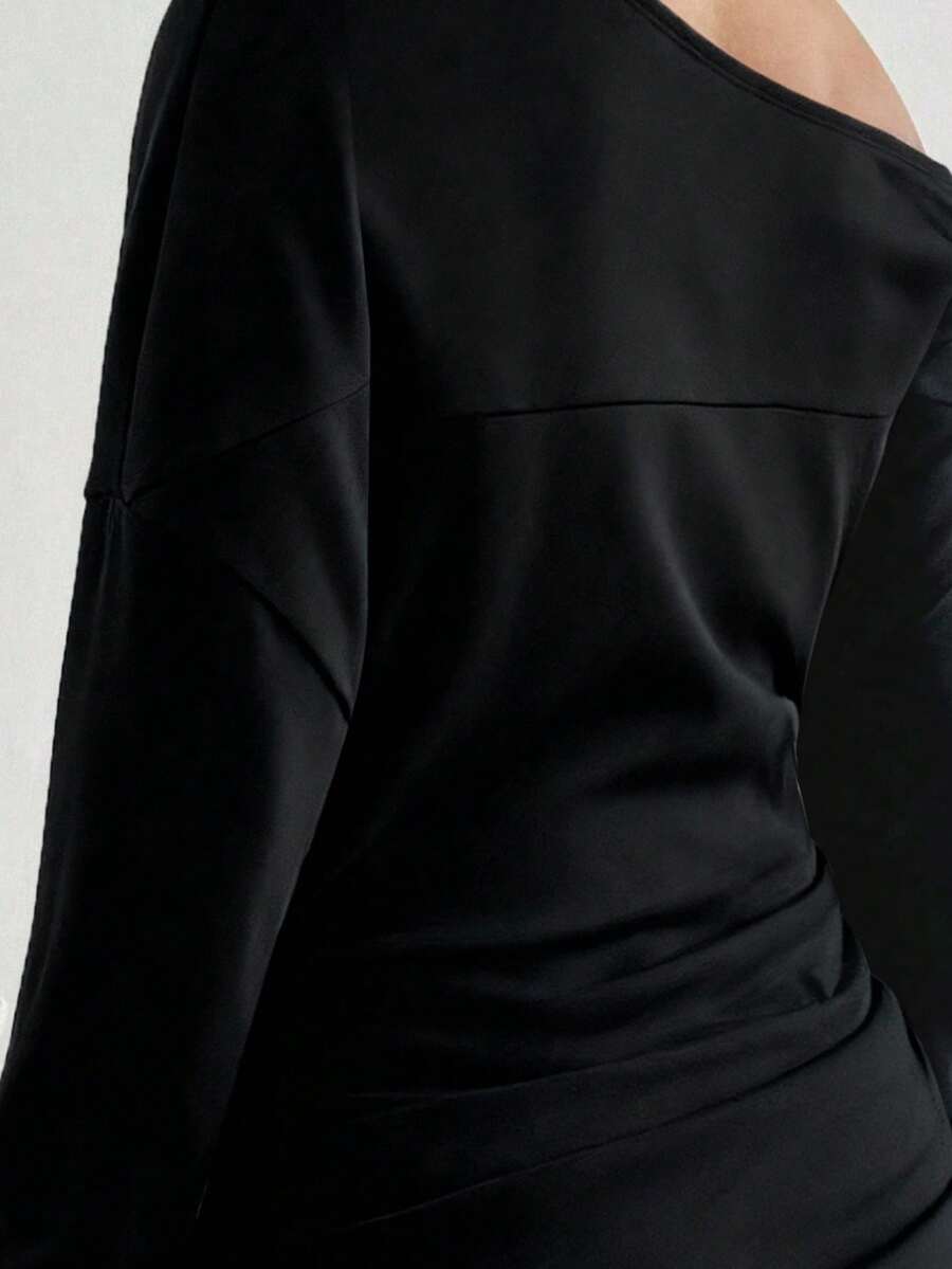 Women's Grey Asymmetrical Neck Long Sleeve Maternity Pullover - Loose Fit Pleated Fall Sweatshirt - Soft Knitted Maternity Top